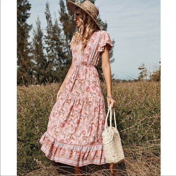 Floral Flutter Sleeve Tiered Midi Dress in Pink - Picture 5 of 5